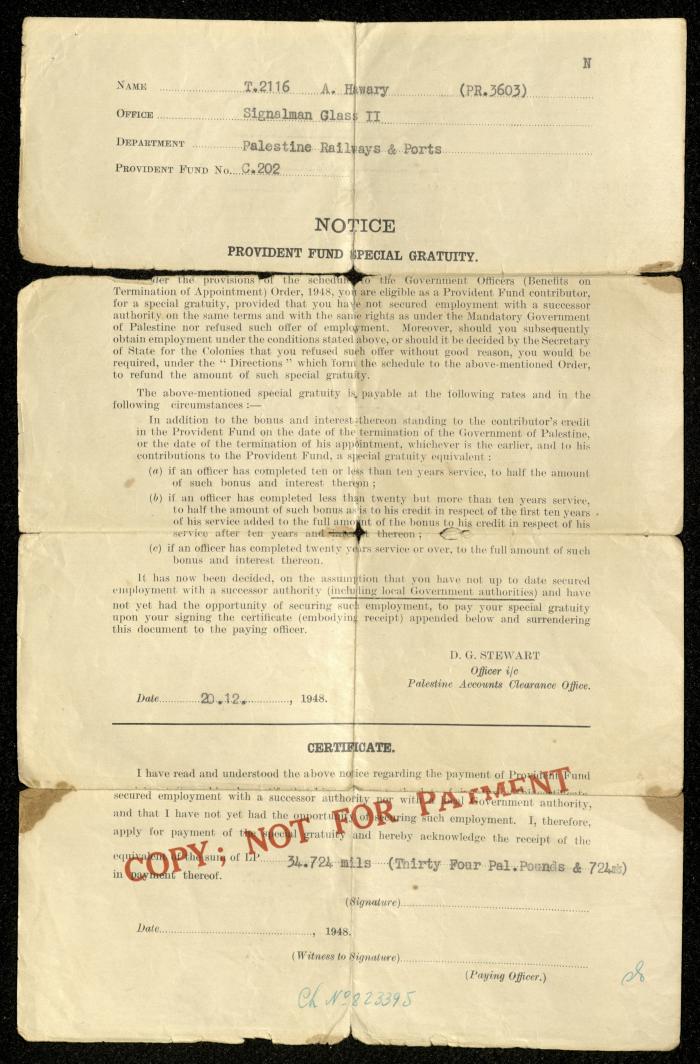 Provident Fund Special Gratuity of Ahmad Hiwwari by the Palestinian Railway and Ports, 20 December 1948