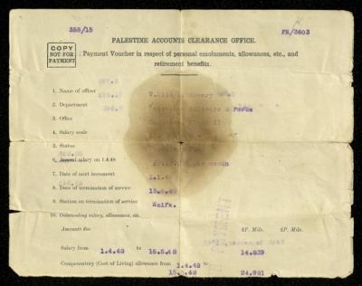 A Payment Voucher by the Palestinian Accounts Clearance Office, 1 January 1949