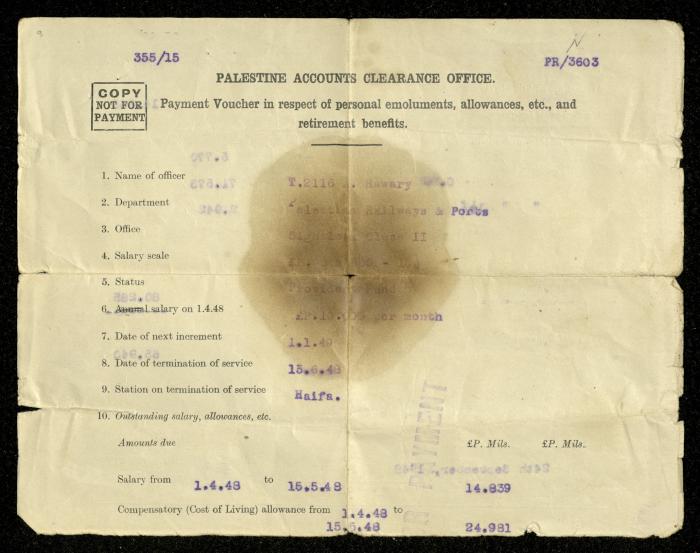 A Payment Voucher by the Palestinian Accounts Clearance Office, 1 January 1949