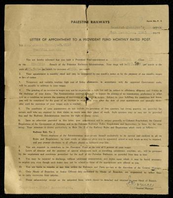 A Letter of Appointment of Ahmad Hiwwari by Palestine Railways, 5 November 1945