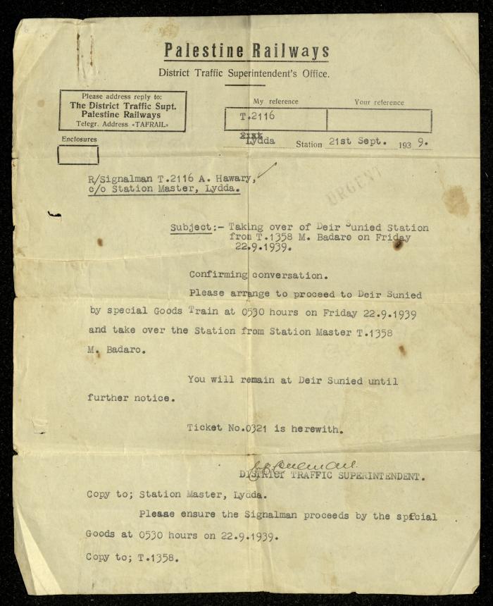 A Letter to Ahmad Hiwwari from the District Traffic Superintendent's Office, 21 September 1939