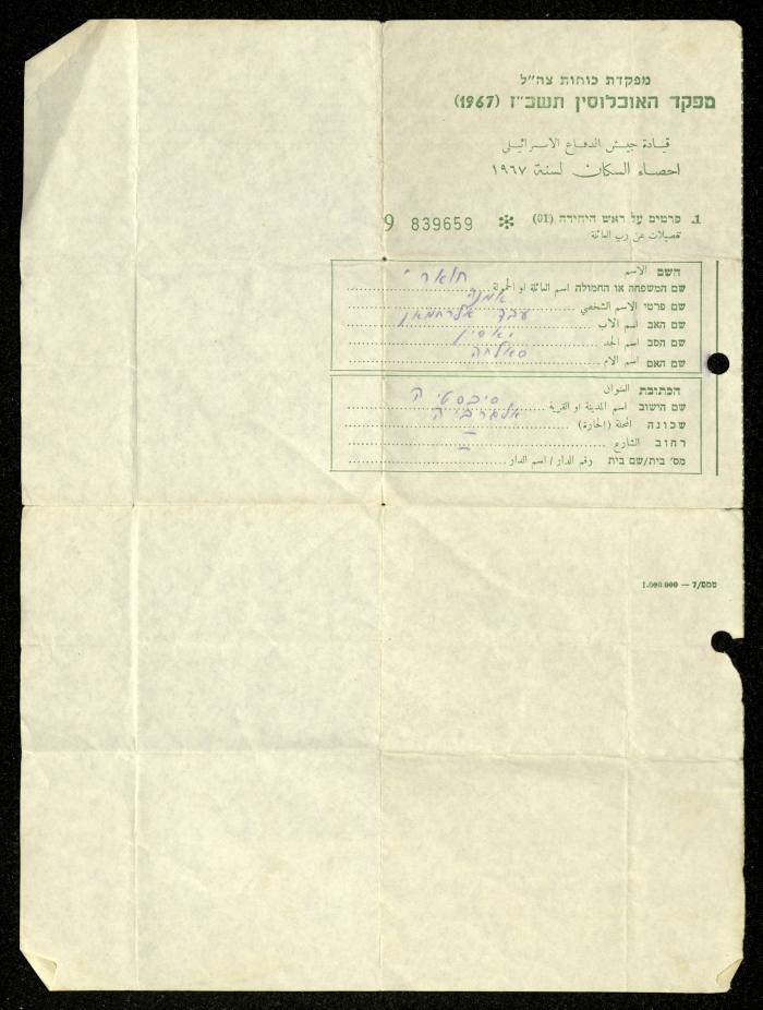 A Statistics Sheet of Amneh Hiwwari by the Israeli Occupation Forces, 1967