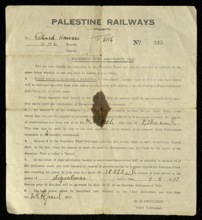 Provident Fund Ordinance of 1943, by Palestine Railways 