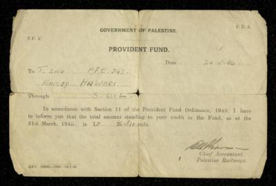 "Receipt" to Ahmad Hiwwari by Government of Palestine, 20 May 1946