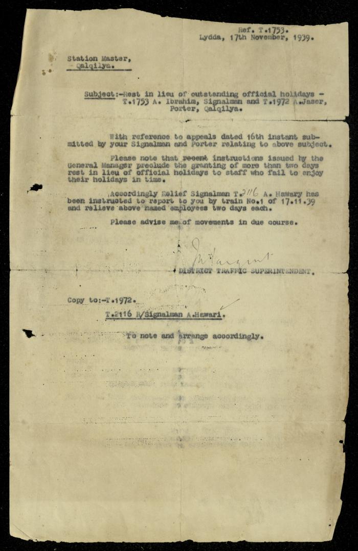 A Letter from the District Traffic Superintendent's Office, 17 November 1939