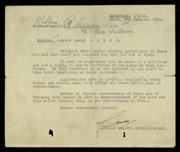 A Letter from the District Traffic Superintendent's Office, 24 January 1940