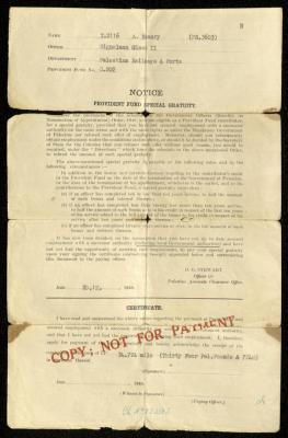 Provident Fund Special Gratuity of Ahmad Hiwwari by the Palestinian Railway and Ports, 20 December 1948