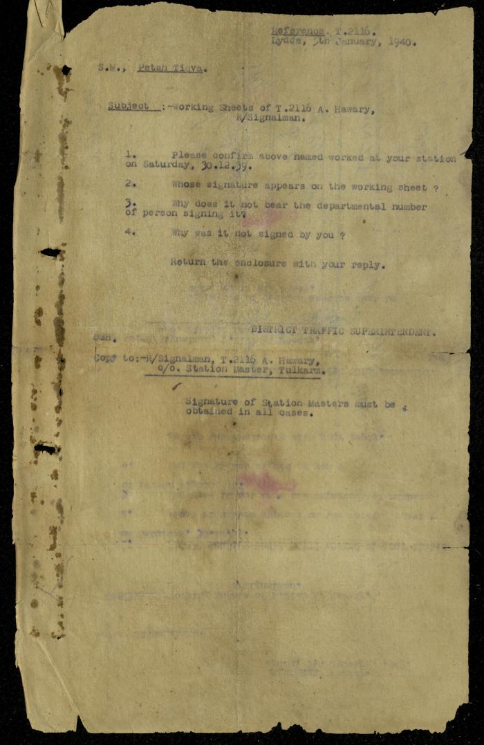رسالة من مسؤول الطرق في اللد لأحمد حواري، 5 كانون الثاني 1940