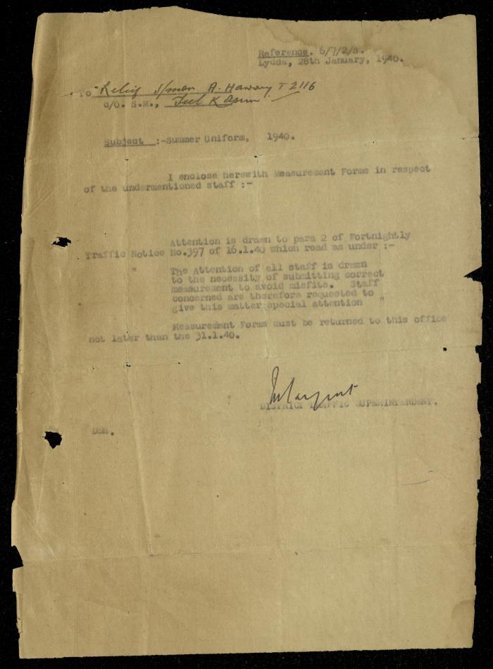 A Letter from the District Traffic Superintendent's Office, 7 July 1940