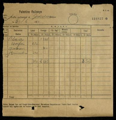 "A Receipt" to Ahmad Hiwwari, by the Palestine Railway, 30 June 1938