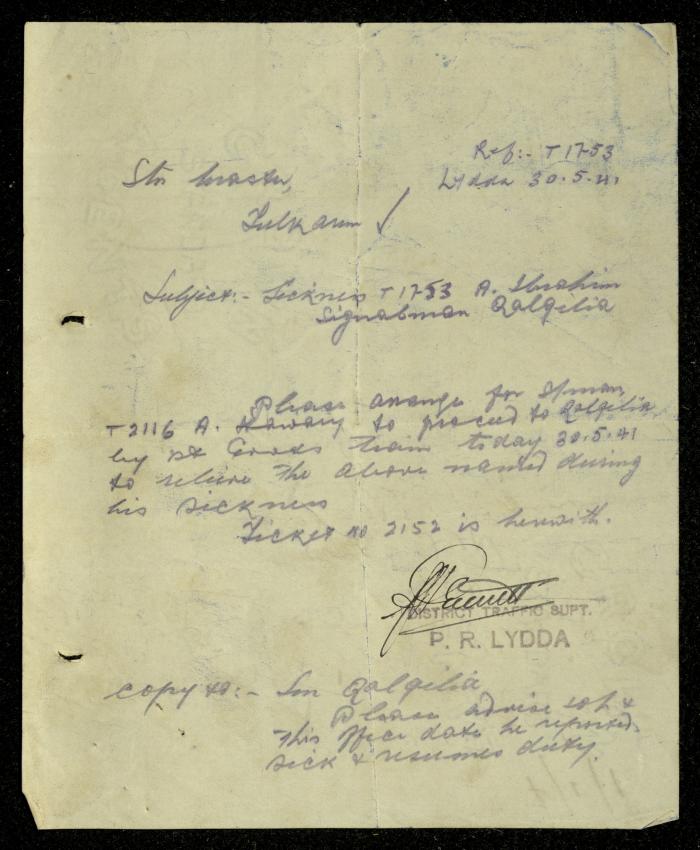 A Letter to Ahmad Hiwwari from the Palestine Railways, 30 May 1941