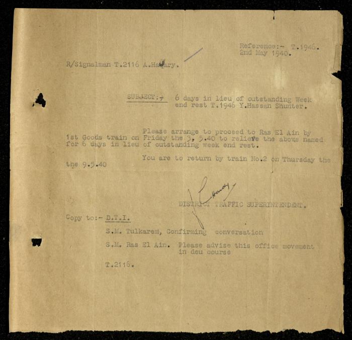 A Letter to Ahmad Hiwwari from the District Traffic Superintendent's Office, 2 May 1940	