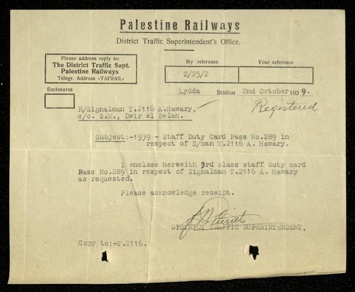 A Letter to Ahmad Hiwwari from the District Traffic Superintendent, Lod, 2 October 1939