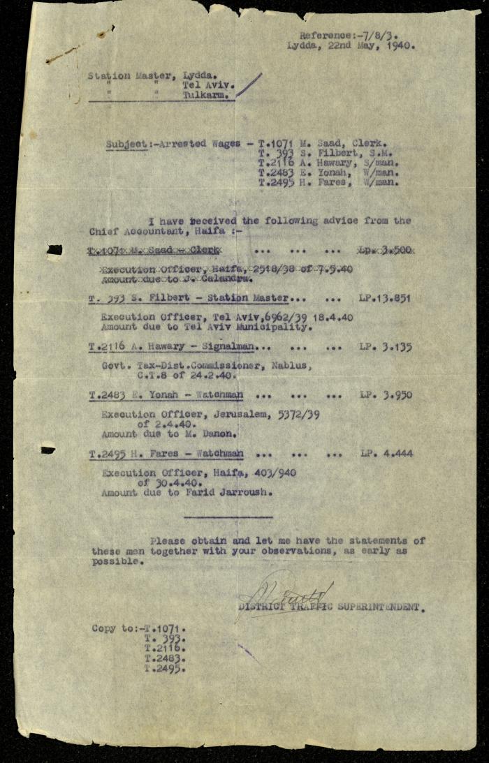 A Letter from the Traffic Superintendent to the Station Master in Lod, Tel Aviv and Tulkarm,  22 March 1940