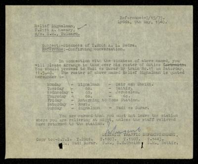 A Letter to Ahmad Hiwwari from the District Traffic Superintendent, Lod, 9 May 1940