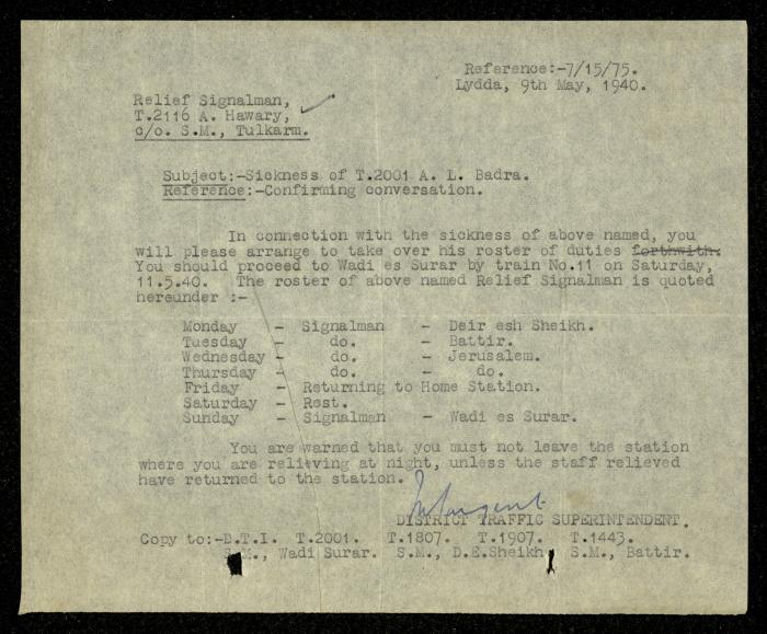 A Letter to Ahmad Hiwwari from the District Traffic Superintendent, Lod, 9 May 1940