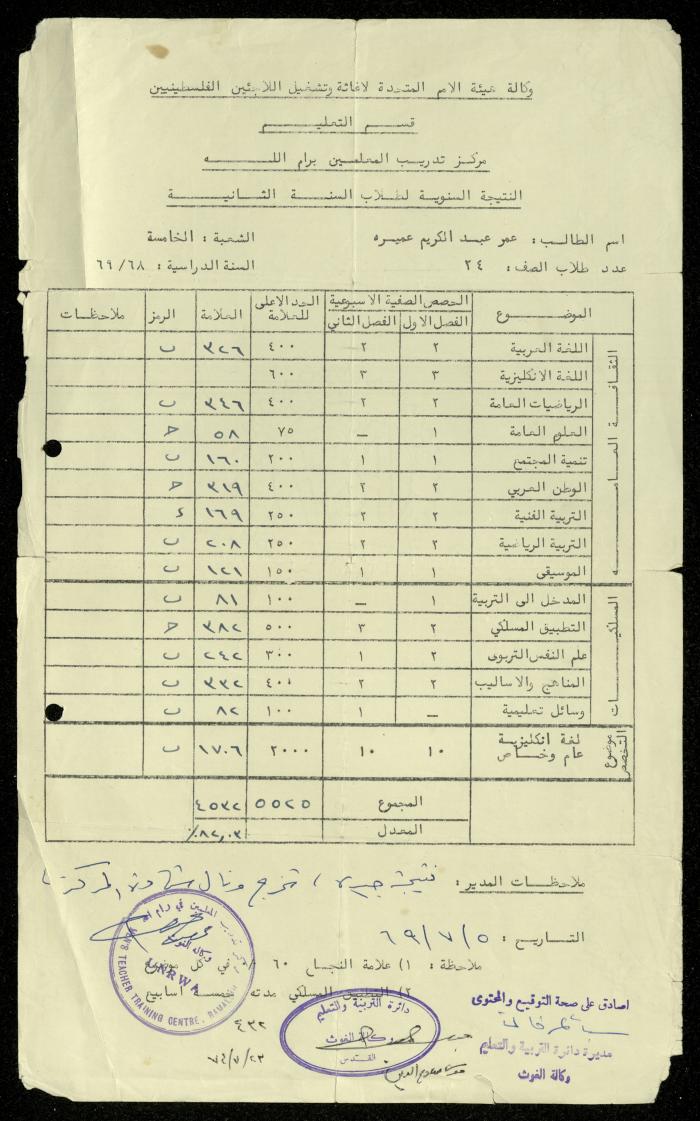 شهادة لعمر عميرة صادرة عن مركز تدريب المعلمين، 5 تموز 1969