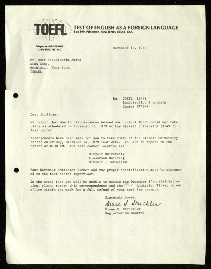 A Letter from Diane Strickler to Omar Amira, 19 November 1979 