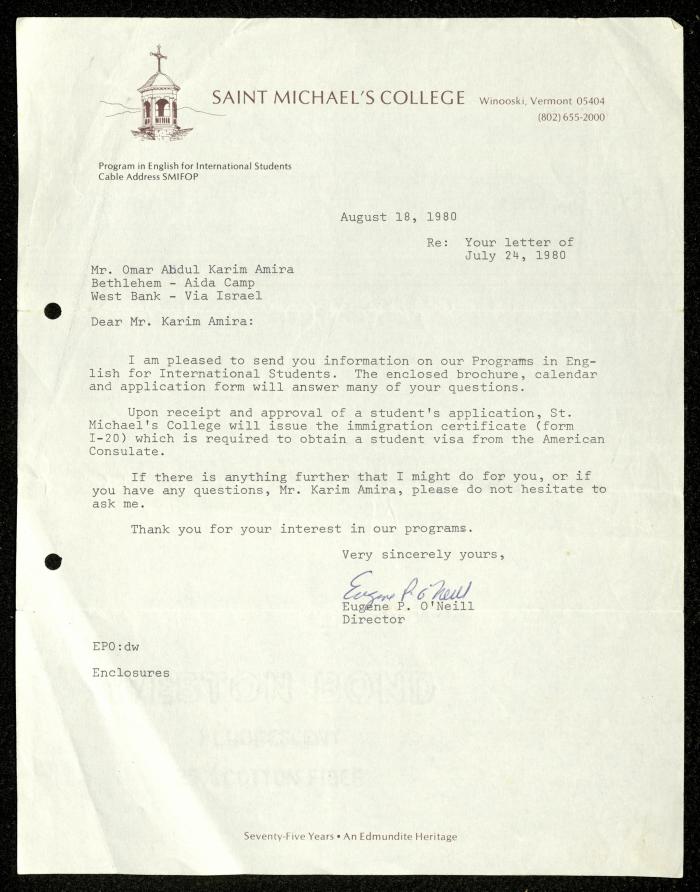 A Letter to Omar Amira from Saint Micheal's College, 24 July 1980 
