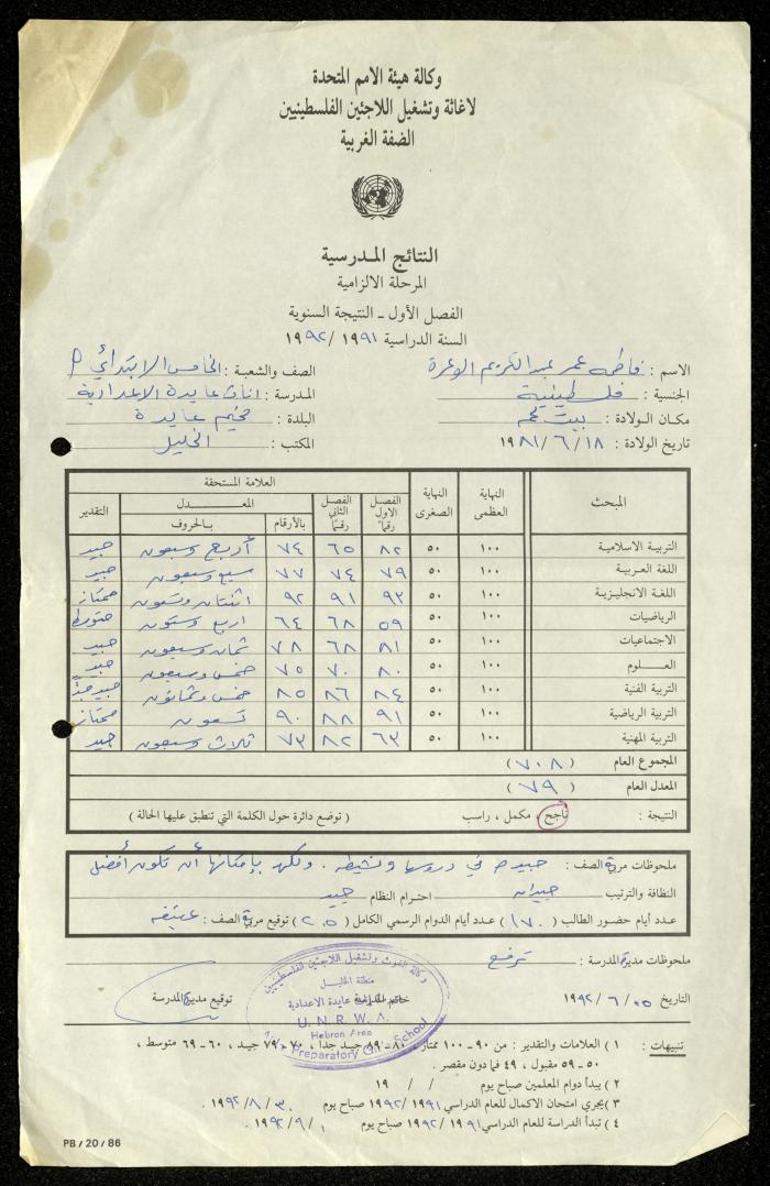 A Certificate of Fatima Wa'arah Issued by the UNRWA, 5 June 1992