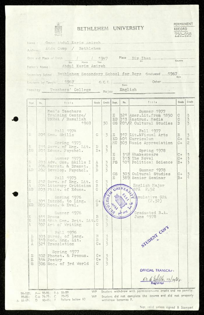 A Grade Report of Omar Amira Issued by Bethlehem University, 12 October 1982