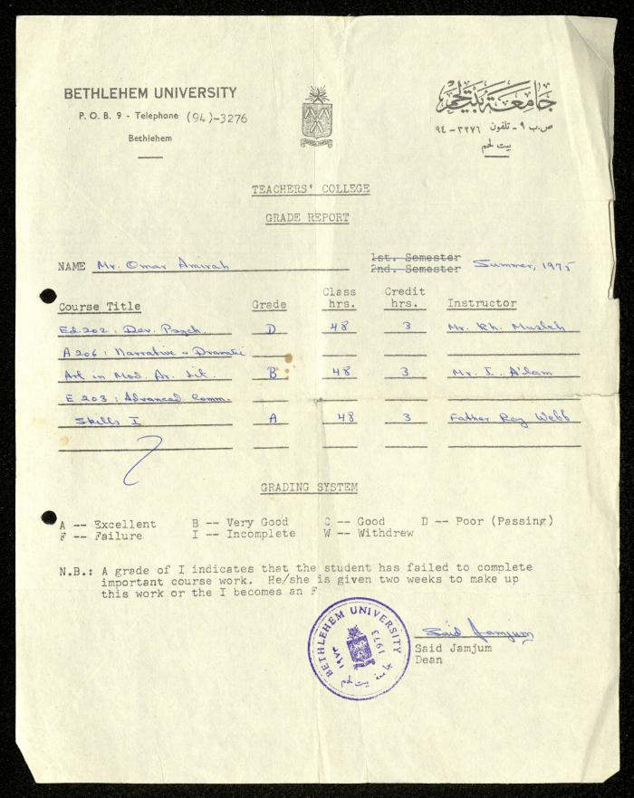 A Grade Report of Omar Amira Issued by Bethlehem University, 1975