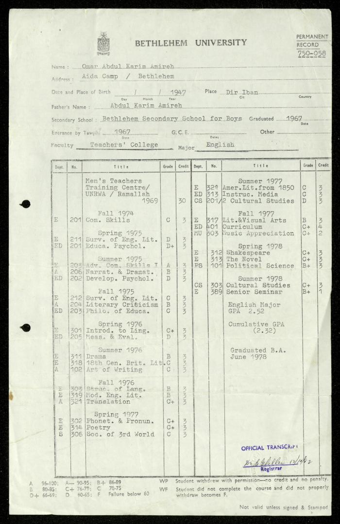 A Grade Report of Omar Amira Issued by Bethlehem University, 12 October 1982