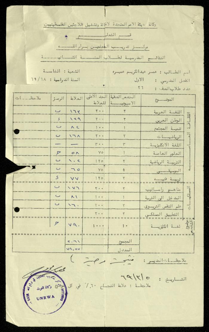 شهادة لعمر عميرة صارة عن مركز تدريب المعلمين، 5 آذار 1969 