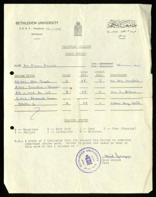 A Grade Report of Omar Amira Issued by Bethlehem University, 1975