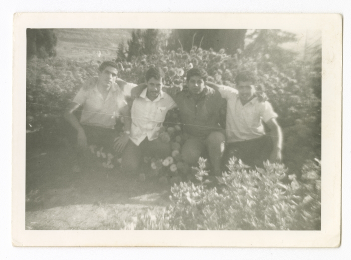 Qasim Qusqus, Musa Sadeq, and Najeh Ragheb in front of a school in Sebastia