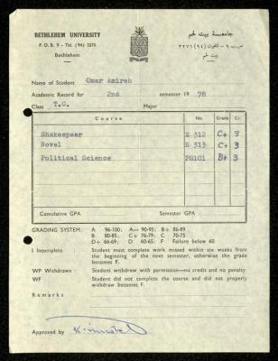Academic Record of Omar Amira Issued by Bethlehem University, 1978