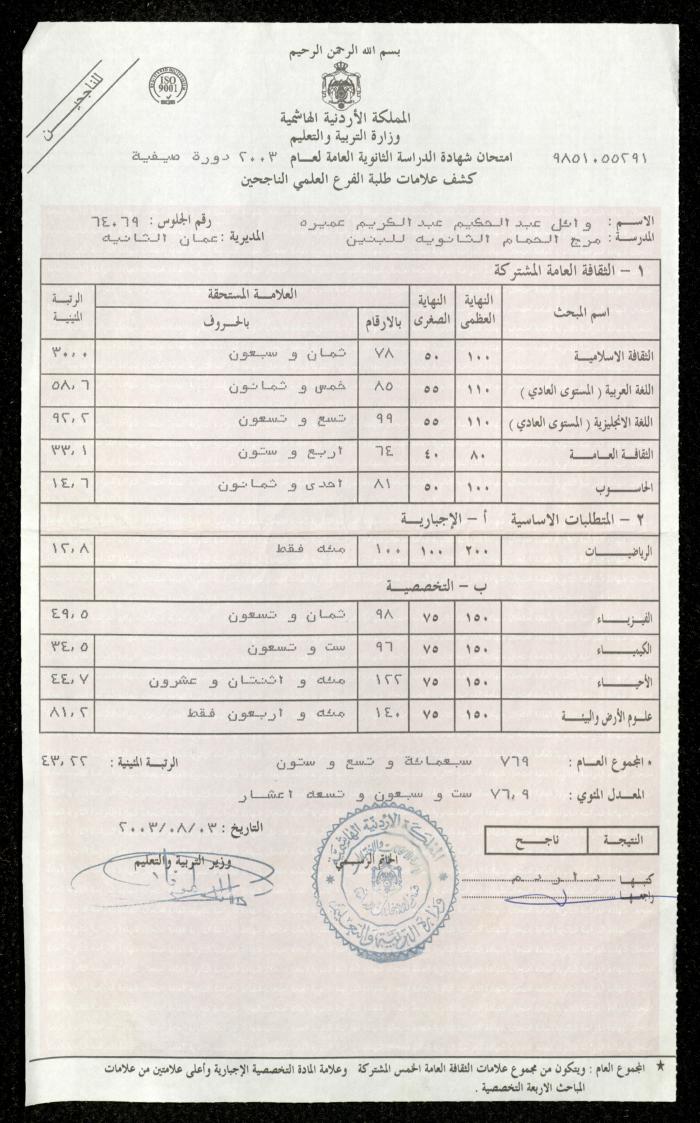 شهادة لوائل عميرة صادرة عن وزارة التربية والتعليم في الأردن، 3 آب 2003