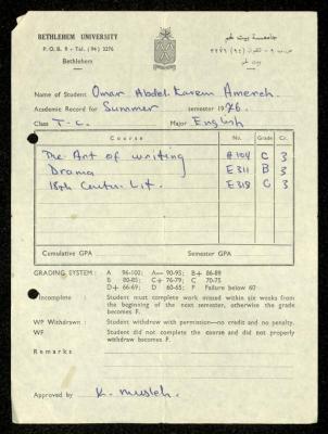 Academic Record of Omar Amira Issued by Bethlehem University, 1976