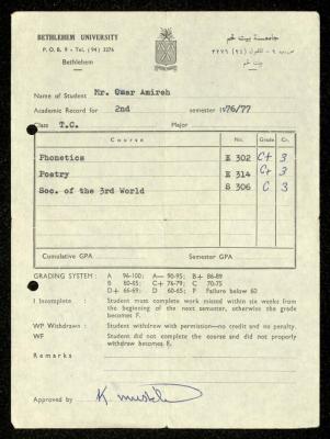 Academic Record of Omar Amira Issued by Bethlehem University, 1976-1977