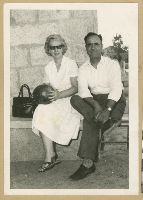 Fatin Jaber with a secretary at the US Consulate in front of the Mandelbaum Gate