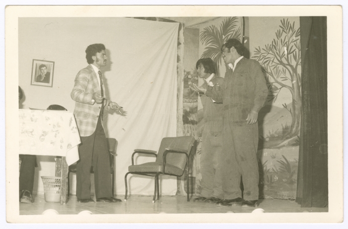 Three actors during a theatrical performance at the Catholic Community Hall in Ramallah on the 1st of May