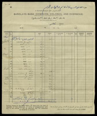 An Account Statement by Barclays Bank to Fouad Abdel-Hadi, 1951-1952