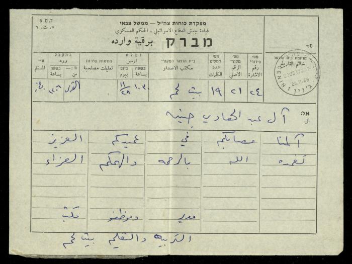 برقية تعزية من مدير وموظفي التربية والتعليم في بيت لحم إلى آل عبد الهادي، 28 تشرين الثاني 1968