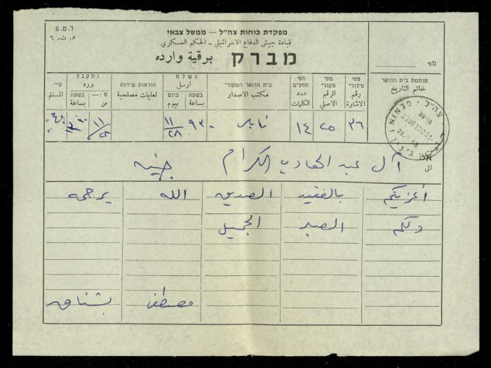 Condolences Telegram from Mustafa Bushnaq to the Abdel-Hadis, 28 November 1968