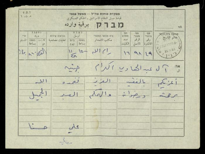 Condolences Telegram from Ali Hasna to the Abdel-Hadis, 29 November 1968