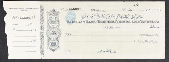 Cheque from Barclays Bank - Nablus Branch, 1919