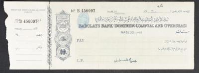 Cheque from Barclays Bank - Nablus Branch, 1919