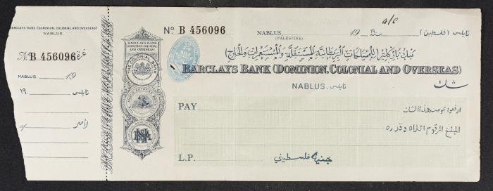 Cheque from Barclays Bank - Nablus Branch, 1919