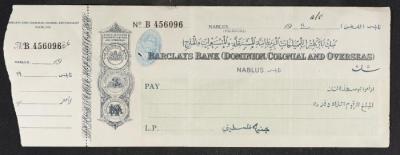 Cheque from Barclays Bank - Nablus Branch, 1919