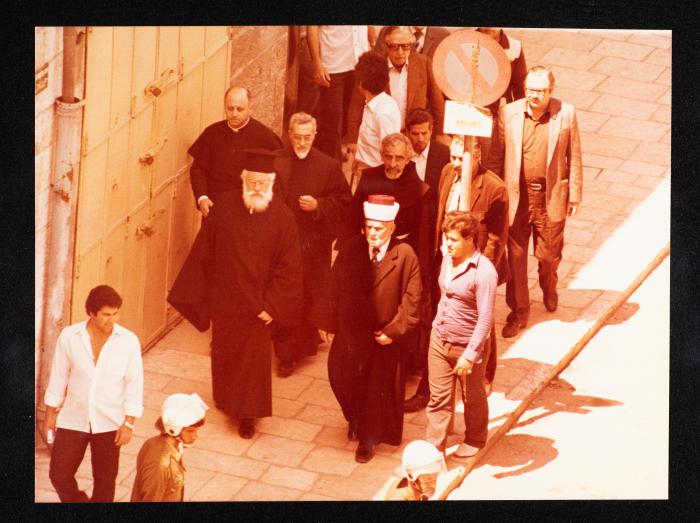 Anwar Nusseibeh , Sheikh Saad el-Din el-Alami and Hanna Siniora at a Demonstration, the 1980s	

