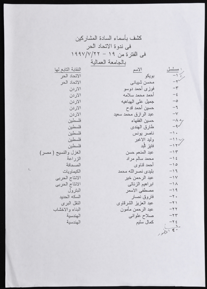 كشف في أسماء المشاركين في ندوة الاتحاد الحُر بالجامعة العمالية