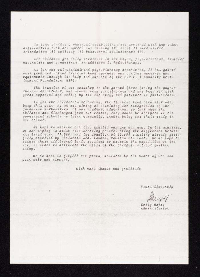 An Invitation from the Princess Basma Center for Children with Disabilities in Jerusalem for Anwar Nusseibeh, 18 July 1986
