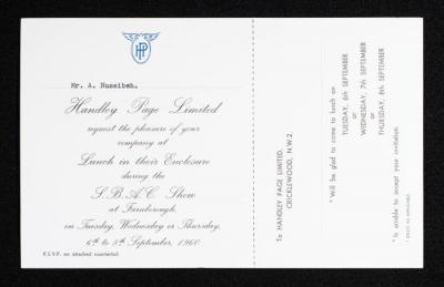 An Invitation Card, Issued by Handley Page Limited to Anwar Nusseibeh, 6-8 September 1960 