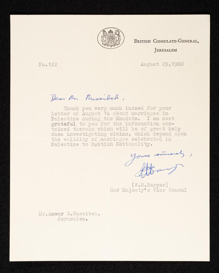 A Letter to Anwar Nusseibeh from the British Consulate General, 29 August 1960 