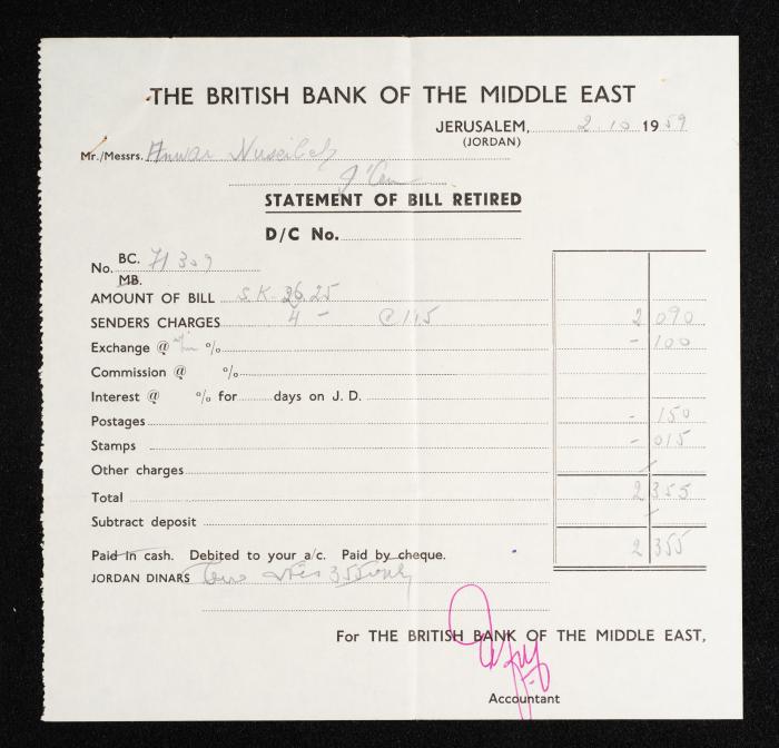 A Statement of Bill Retired, Issued by the British Bank of the Middle East to Anwar Nusseibeh, 2 October 1959 